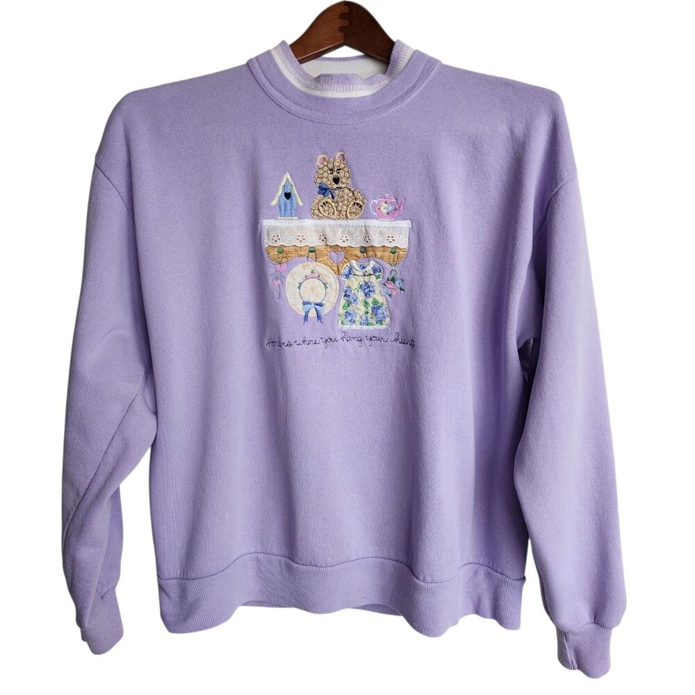 ​Vtg Morning Sun Sweatshirt Womens Large Purple Teddy Bear Embroidered USA Read